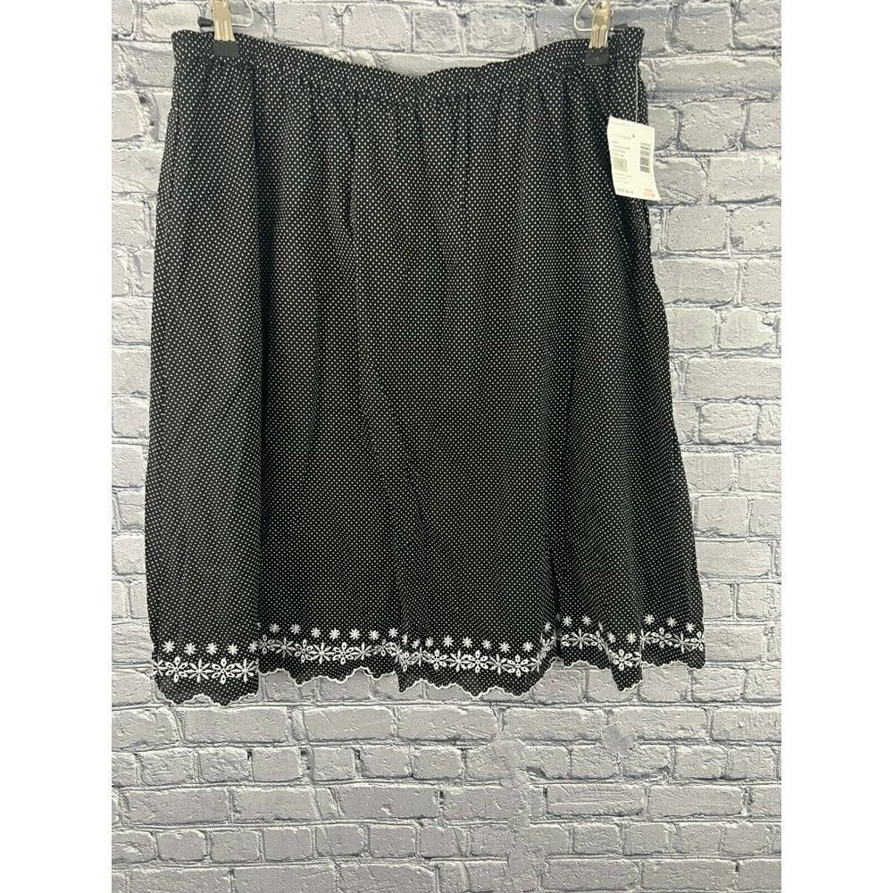 Sag Harbor Skirt  Black Polka Dot Elastic‎ Waist  Women's 2X Embroidered Hem NEW